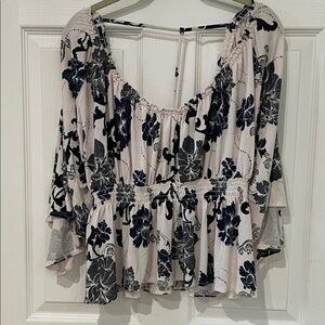 Free People Navy and Cream Floral t strap back top